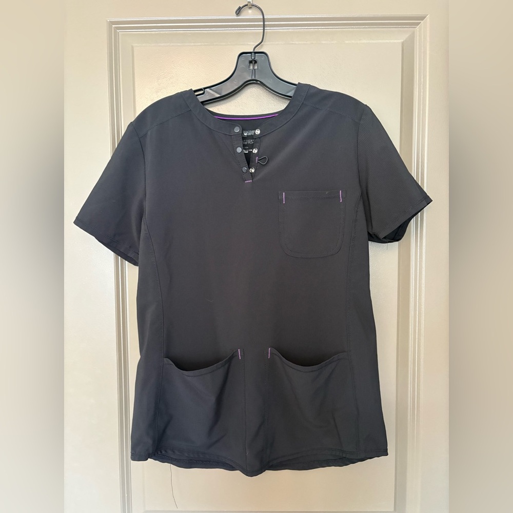 Scrubstar Charcoal Black Scrub Top with Purple Trim